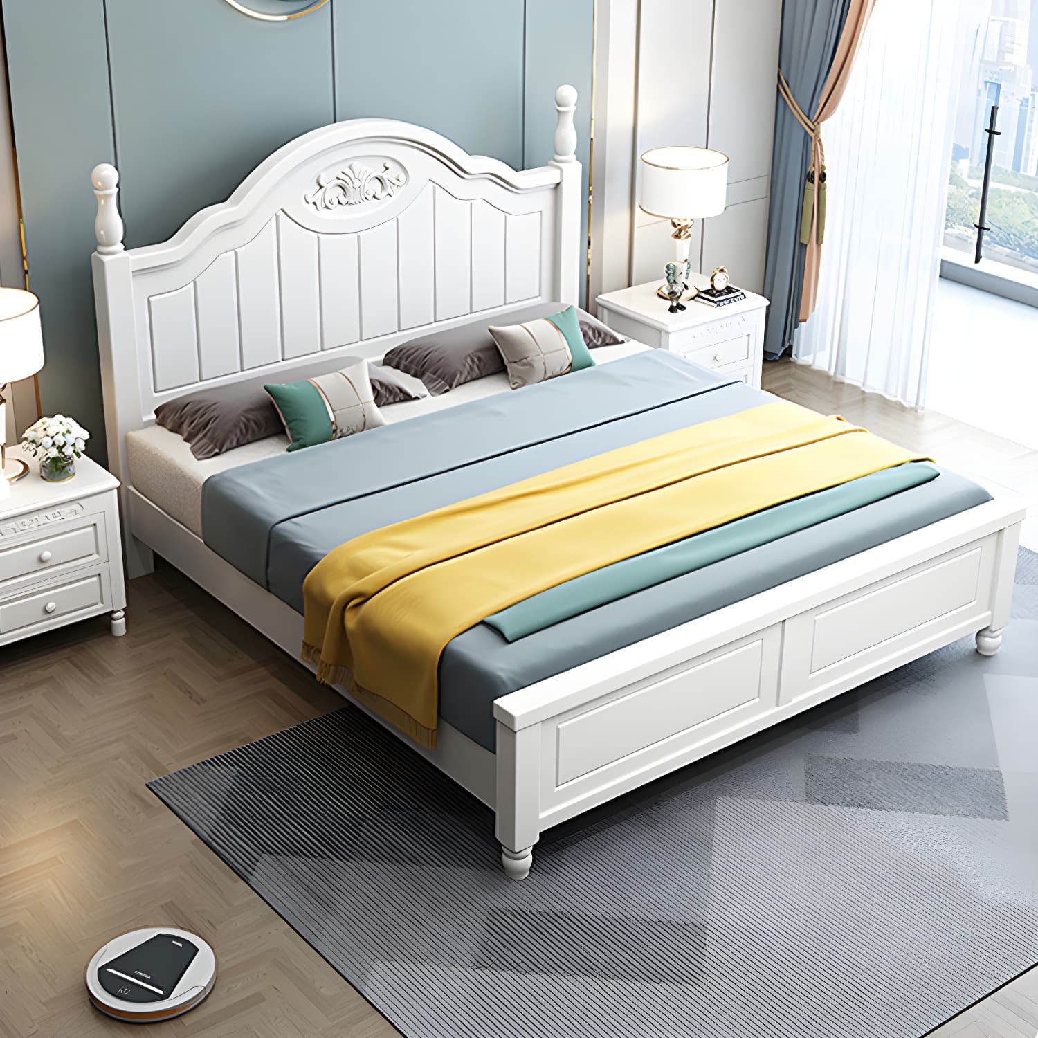 French Country Bed 83.46" Long Bed with Arched Headboard in White