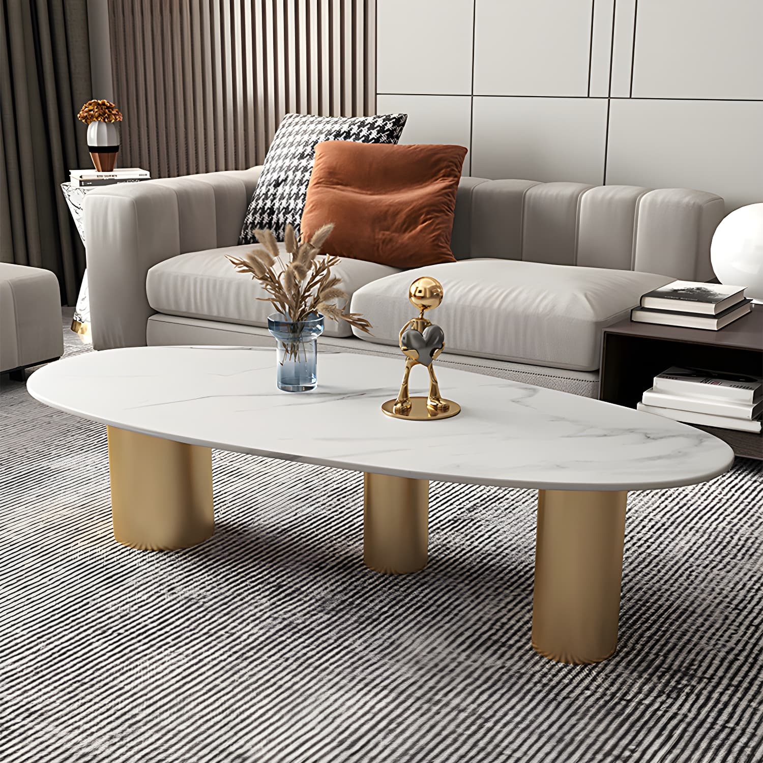 Luxurious 3 Legs Elliptical Stone Coffee Cocktail Table in White/Grey - image 3