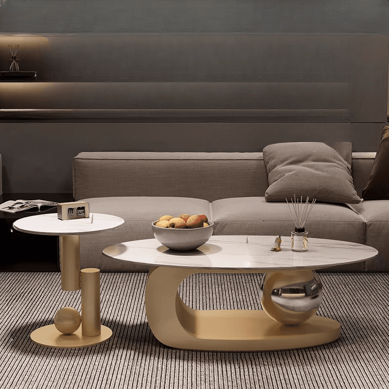 Luxurious 1 Tier Stone Top Elliptical Side Table with Abstract Base in Chalk for Home - image 14