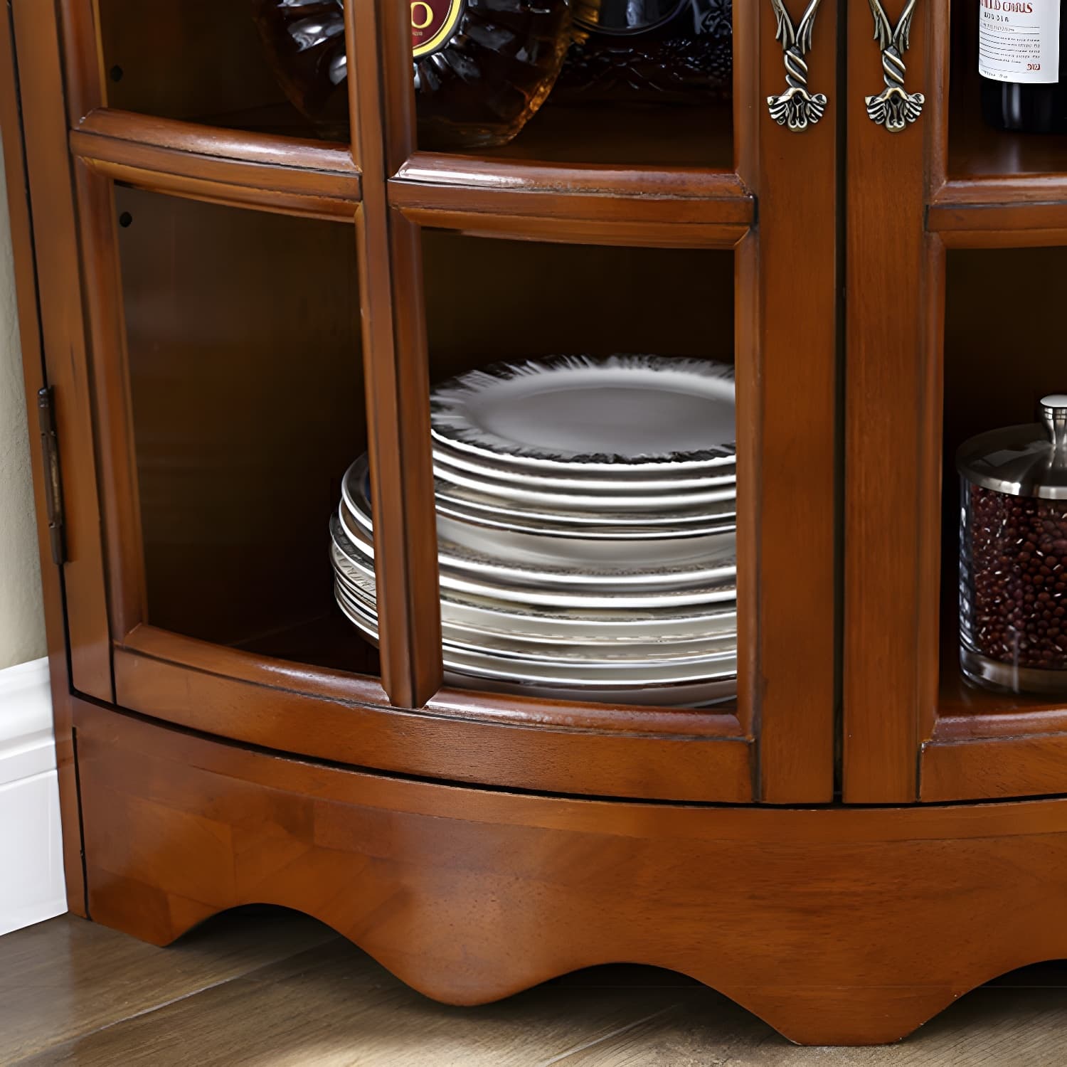 Mid-Century Modern Corner Accent Cabinet with Brown Wood Countertop, Glass Door & Cabinet Storage - image 8