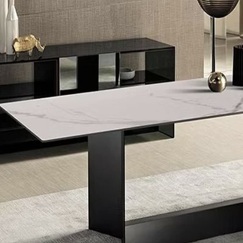Modern Rectangle Stone Top Dining Table with Sleek Black Steel Trestle Base - image 11