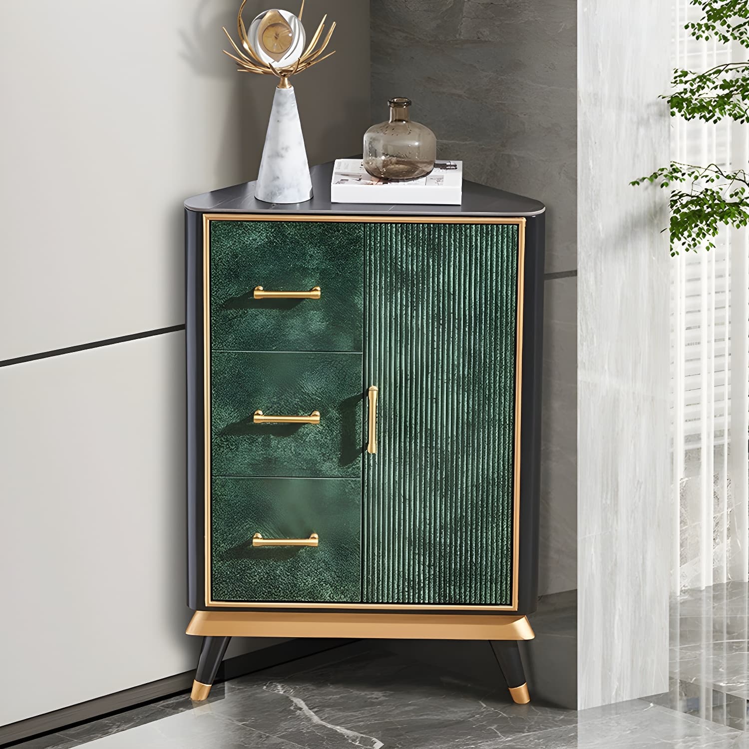 Glam Corner Accent Cabinet with Black Stone Countertop and Wood Base for Small Spaces