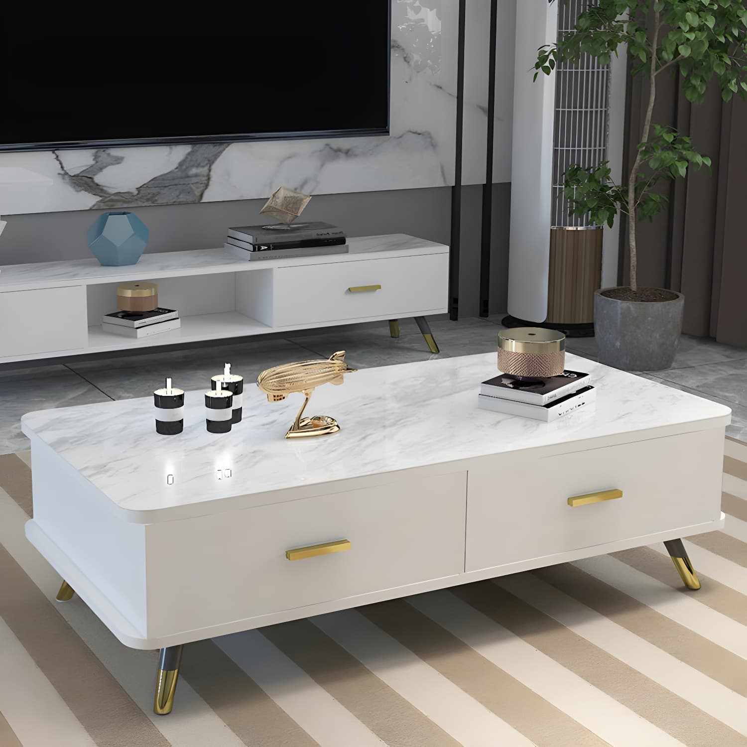 Glam Hollywood Regency Gold Metal Coffee Table with Storage Drawers - image 5