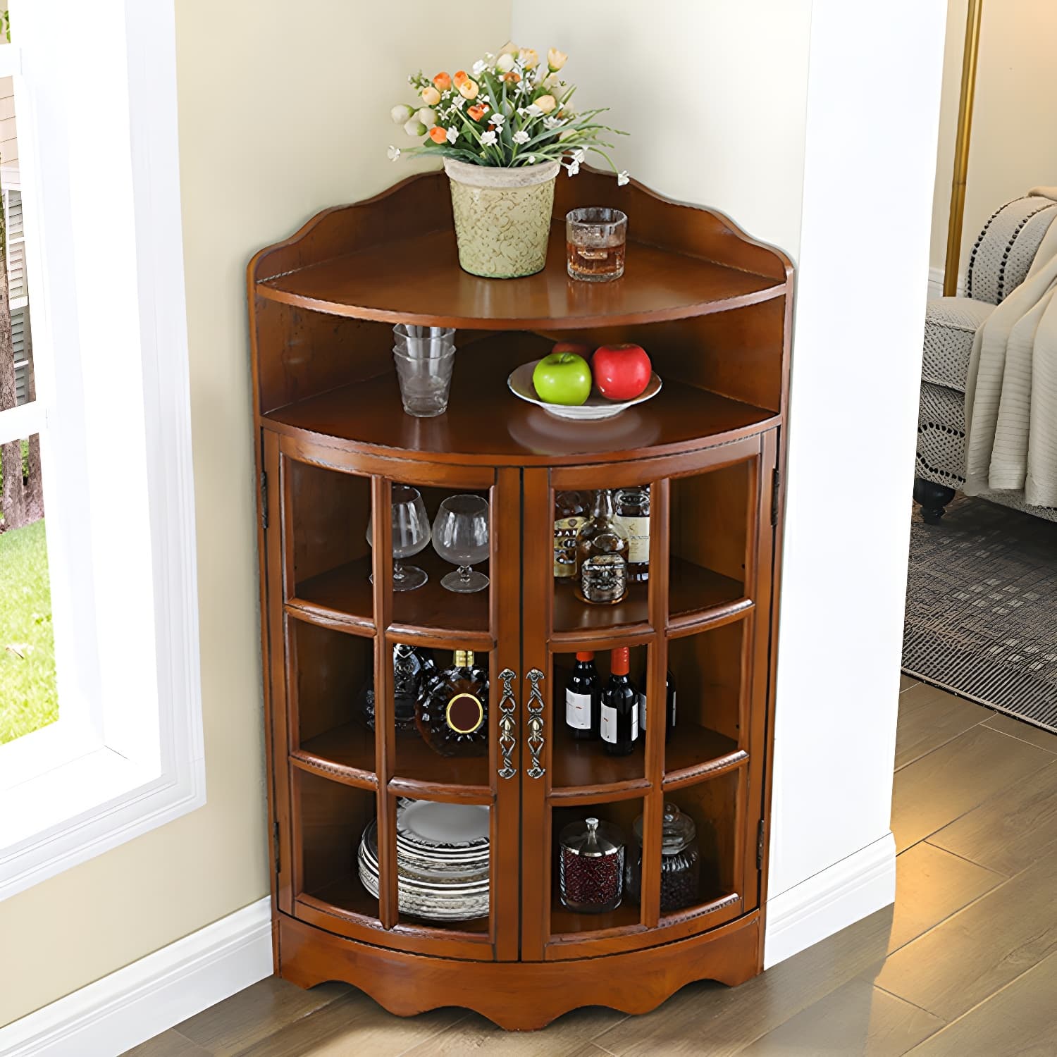 Mid-Century Modern Corner Accent Cabinet with Brown Wood Countertop, Glass Door & Cabinet Storage - image 6
