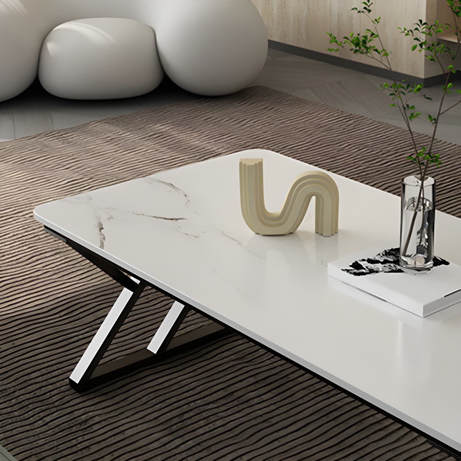 Rectangle Stone Top Coffee Table with Iron Sled Base Cocktail Table - image 7