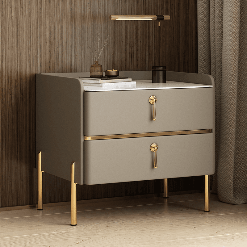 Stylish/Art Deco Drawer Storage Nightstand with 2 Drawers, Stone Countertop, and Leg