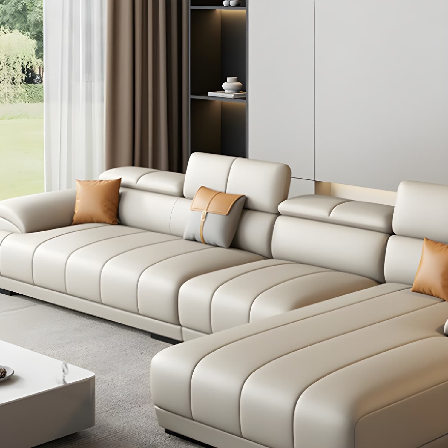 Elegant Beige Scandinavian Leather Sectional with Adjustable Headrests - image 7