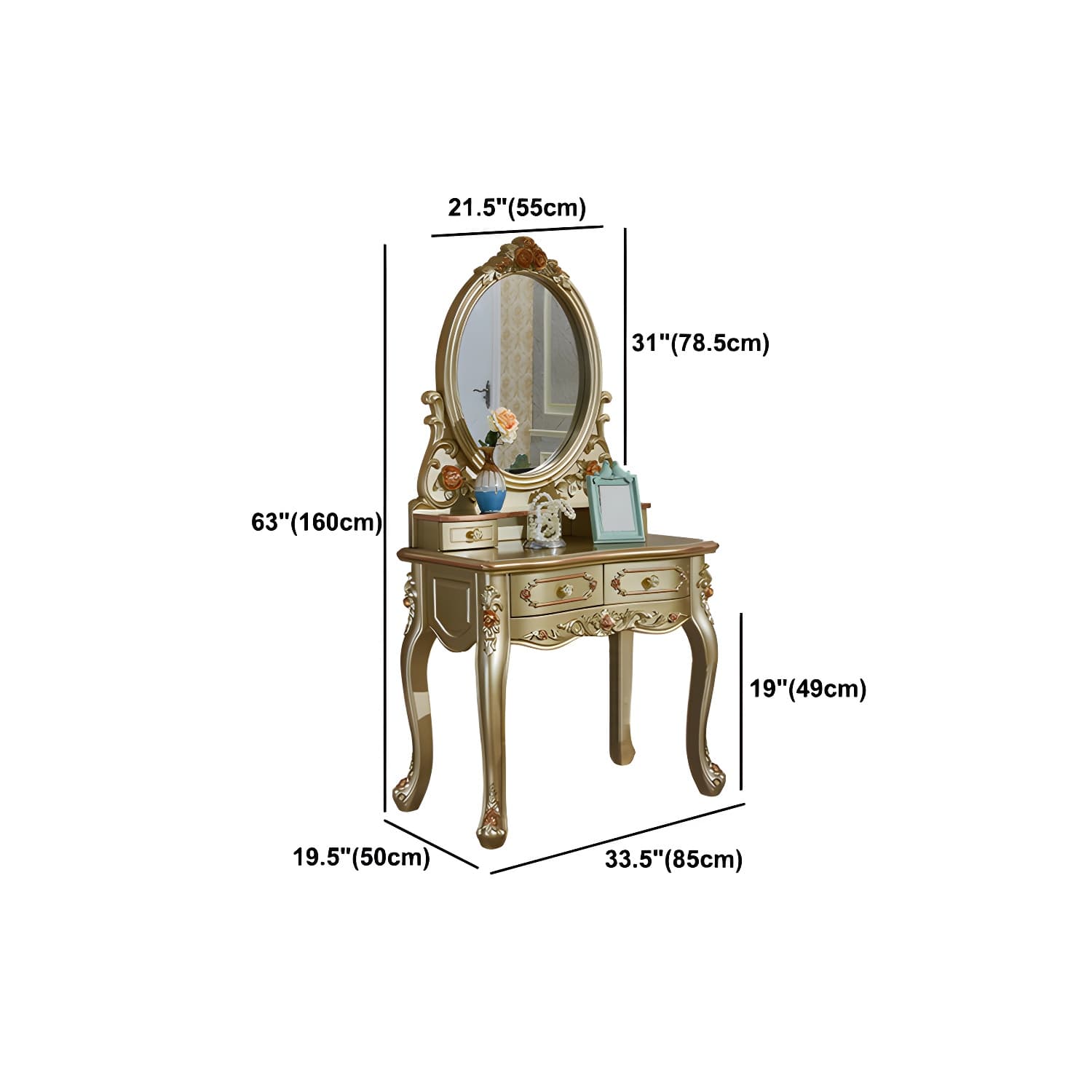 Victorian 33.4"/41.3" Wide Wood 4 Drawers Mirrored Makeup Vanity - image 19