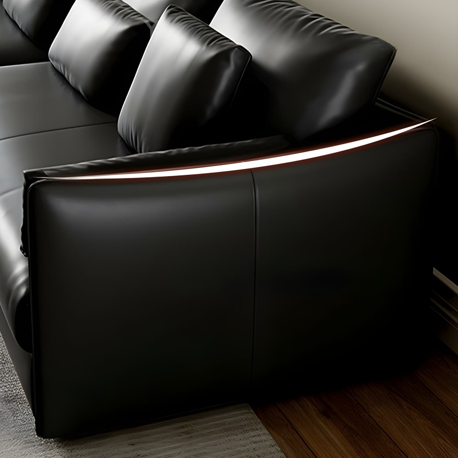 Modern Genuine Leather Sectional Sofa in Black with Recessed Arm - image 8