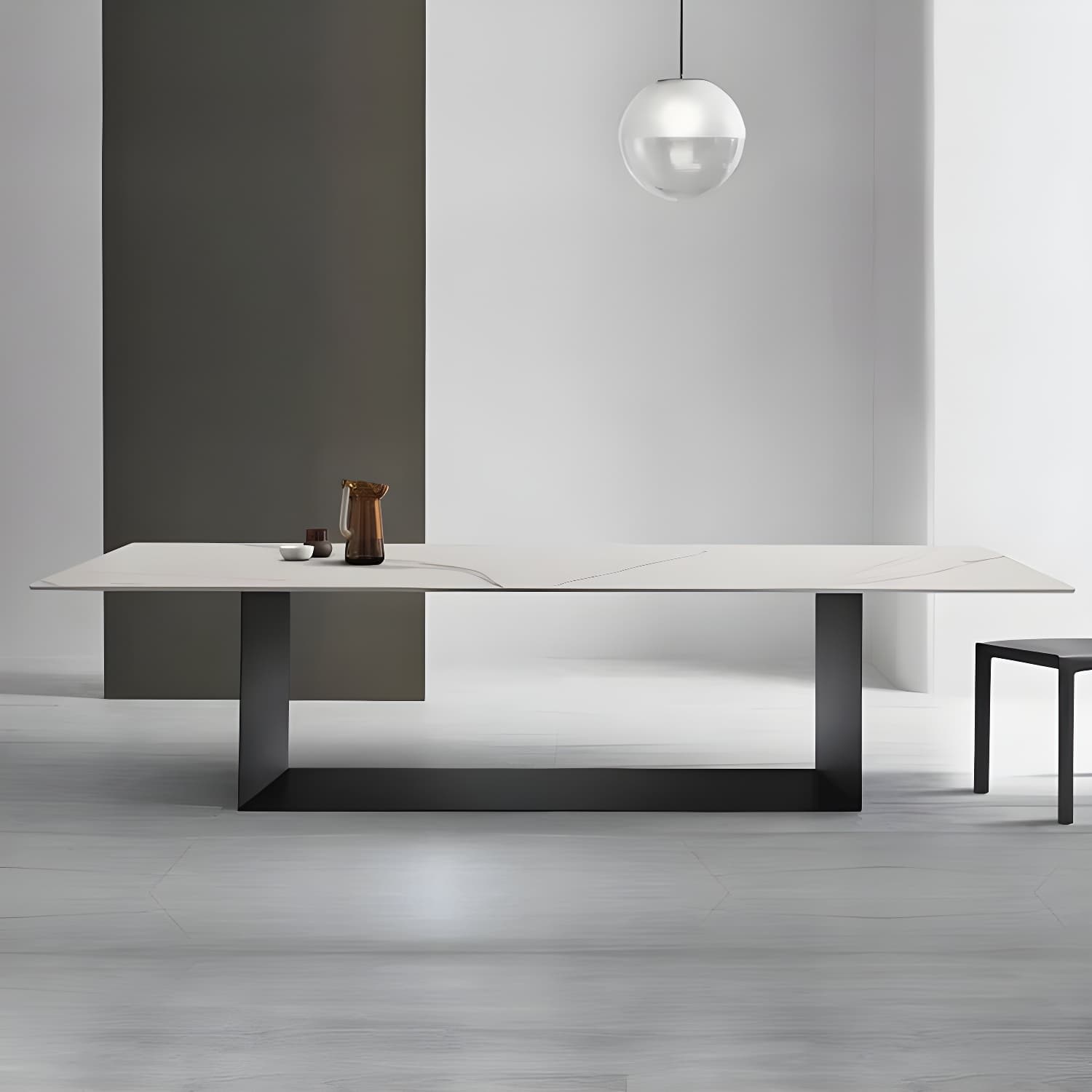 Modern Rectangle Stone Top Dining Table with Sleek Black Steel Trestle Base - image 10