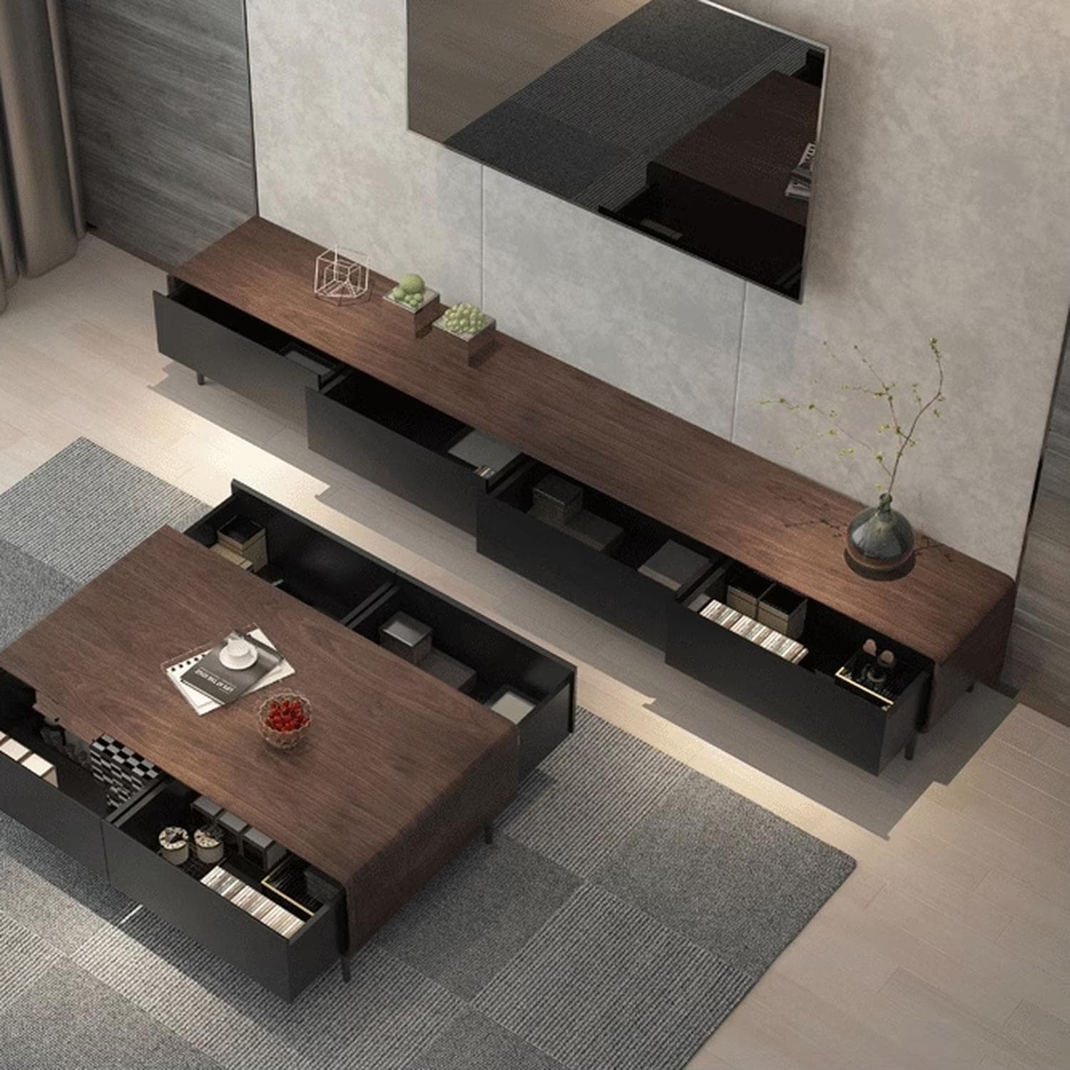 Modern Wood TV Stand with Drawers and Cable Management, Low Height, with Legs - image 14