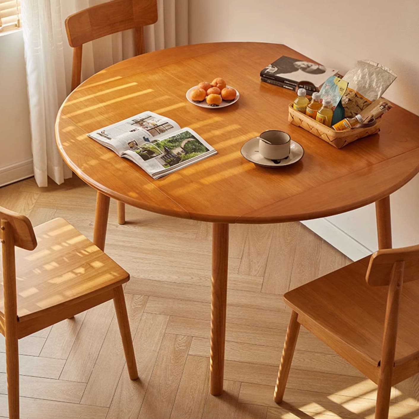 Round Wood Scandinavian Design Dining Table with Self-Storing Leaf and Extension Feature - image 14