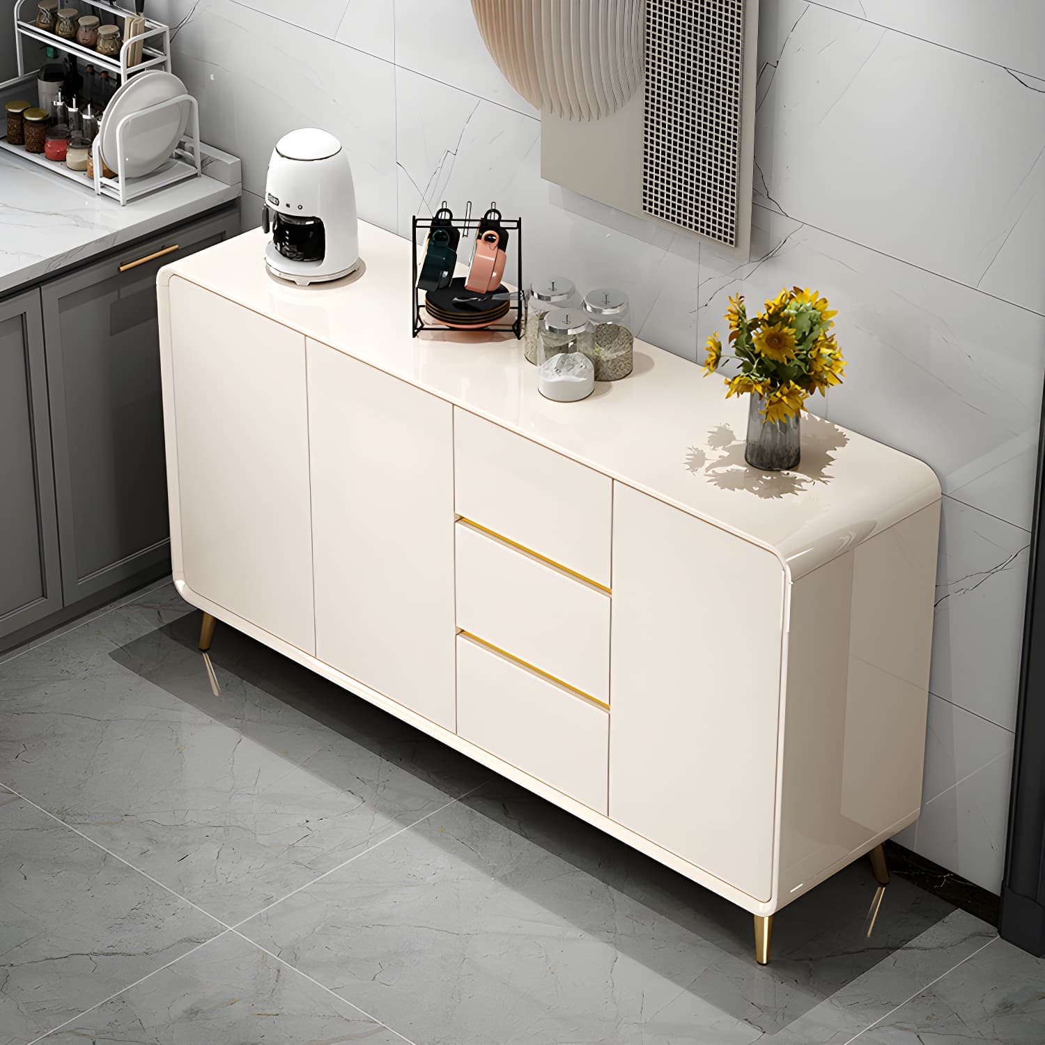 White Glam Sideboard Credenza with Adjustable Shelving and 3 Drawers - image 3