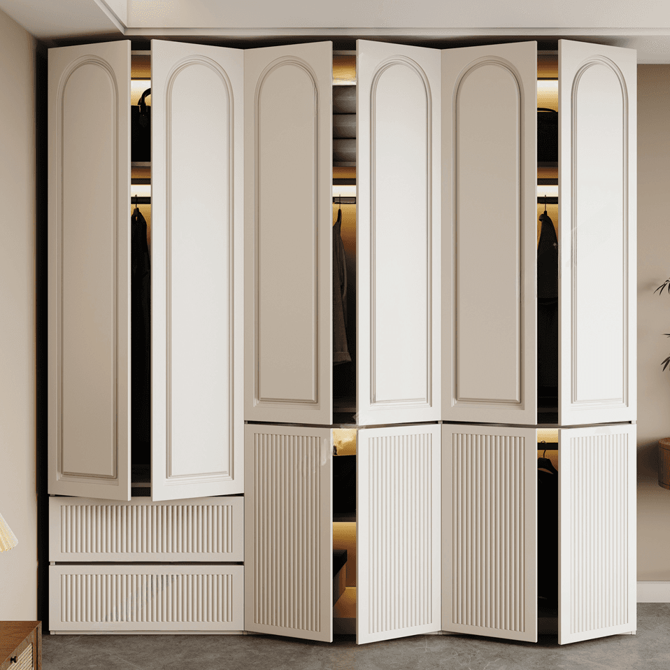 White Minimalist Manufactured Wood Independent Wardrobe Closet with Soft Close Drawer, Soft Close Door, and Interior Shelves