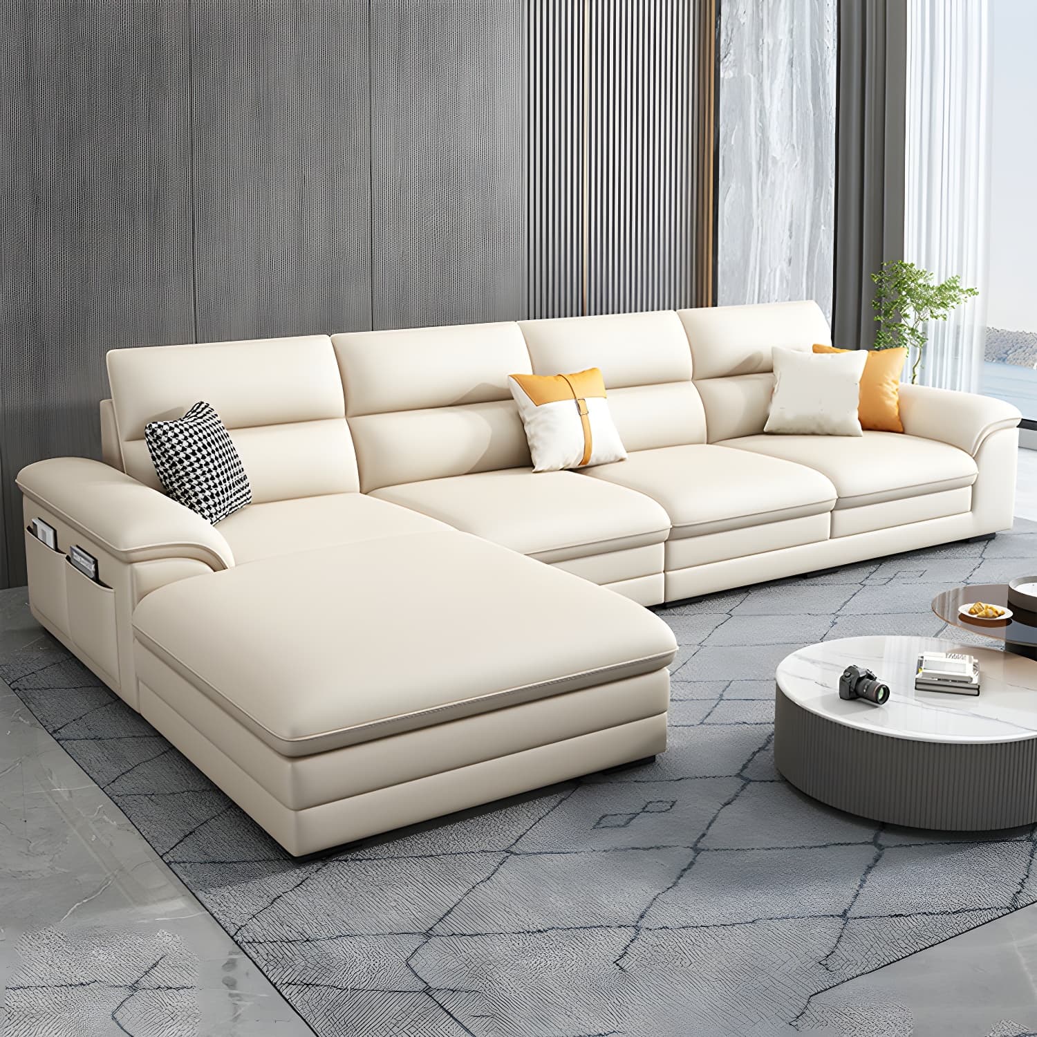 Modern Beige Stationary Sectional Sofa in Scratching Cloth with Wood Frame and Pillow Top Arms