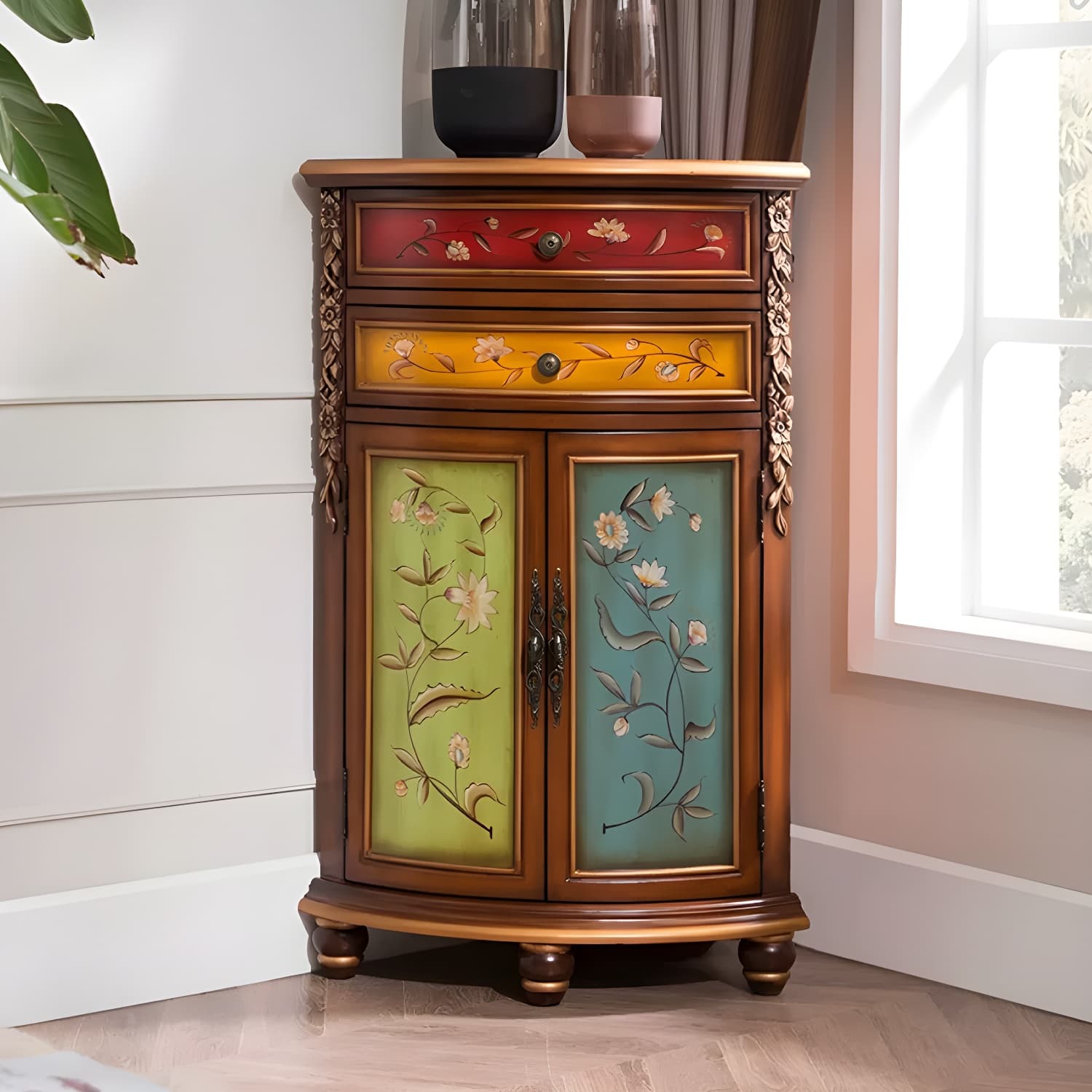 Rustic Corner Accent Cabinet with Wood Counter Top, Drawers, and Cabinet, Small Size - image 11