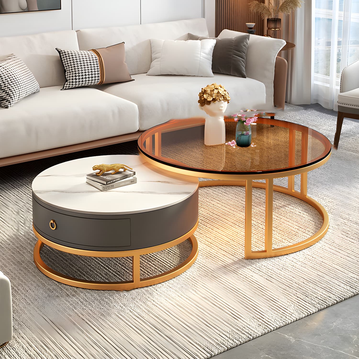 Modern Glass Coffee Cocktail Table Round Nesting Coffee Table Set