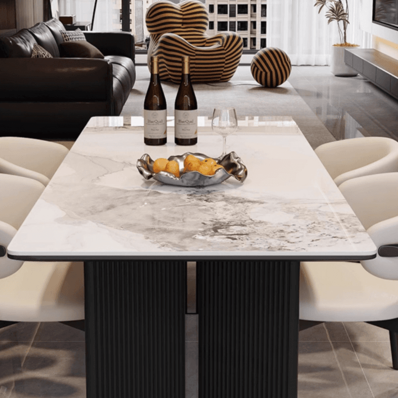 Dining Table Set with Rectangular Slate Stone Top and Two-sided Pedestal, Featuring Padded Chair with Back, 5-piece in White - image 5