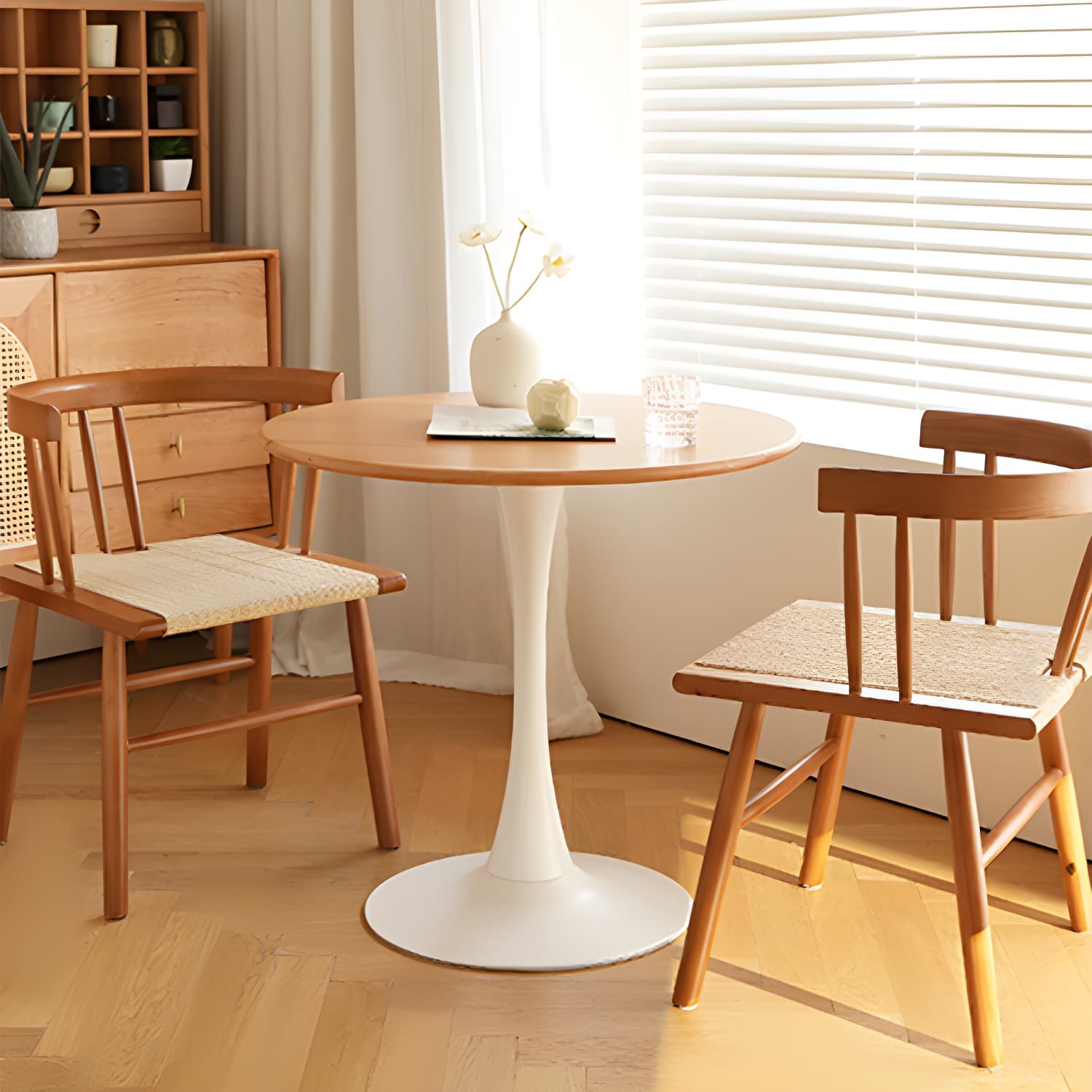 White Round Wood Dining Table with Steel Tulip Base, Modern Design - image 5