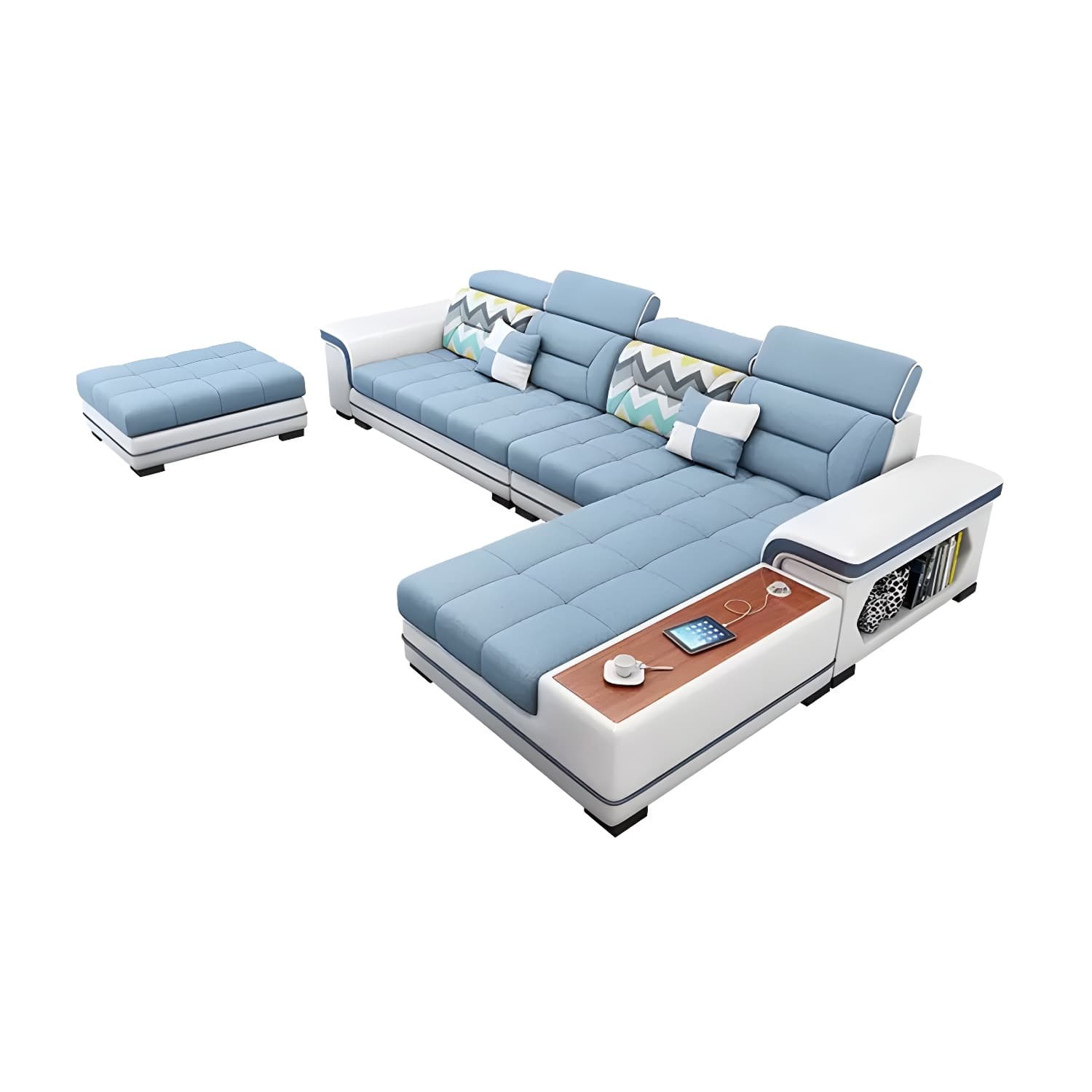 Scandinavian Blue Sectional Sofa with Wood Frame, Cushion Back, and Storage Included with Shelves - image 11