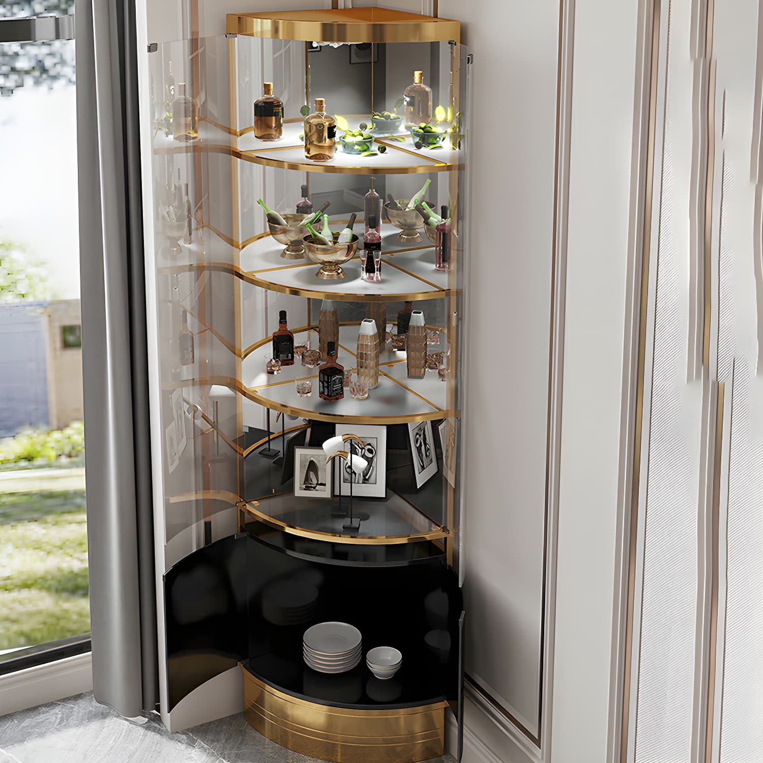 Glam Metal Corner Glass Paned Knobs Accent Cabinet with Shelves - image 19