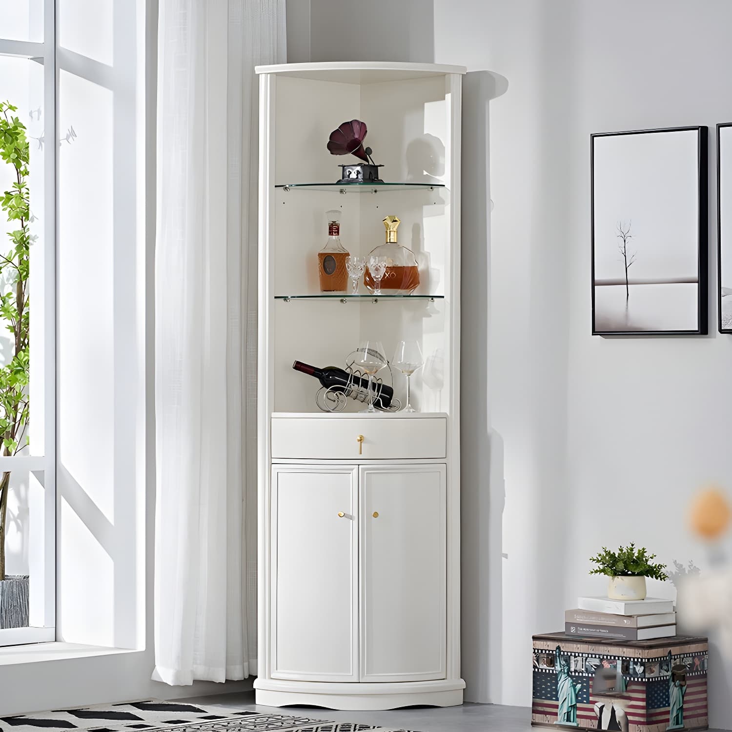 Corner Mid-Century Modern Accent Cabinet with Wood Countertop, Glass Doors, and Drawers Included - image 3