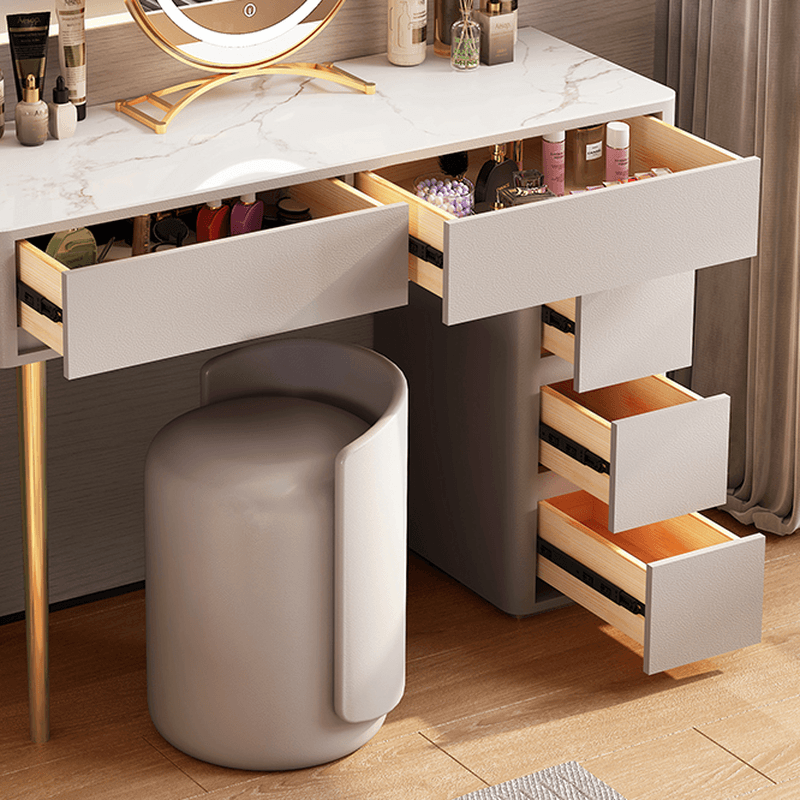 Vanity Set with Stone Table Top, Light Gray Upholstered Chair, 5 Drawers, Mirror Lights, and Push-Pull Lighting - image 8