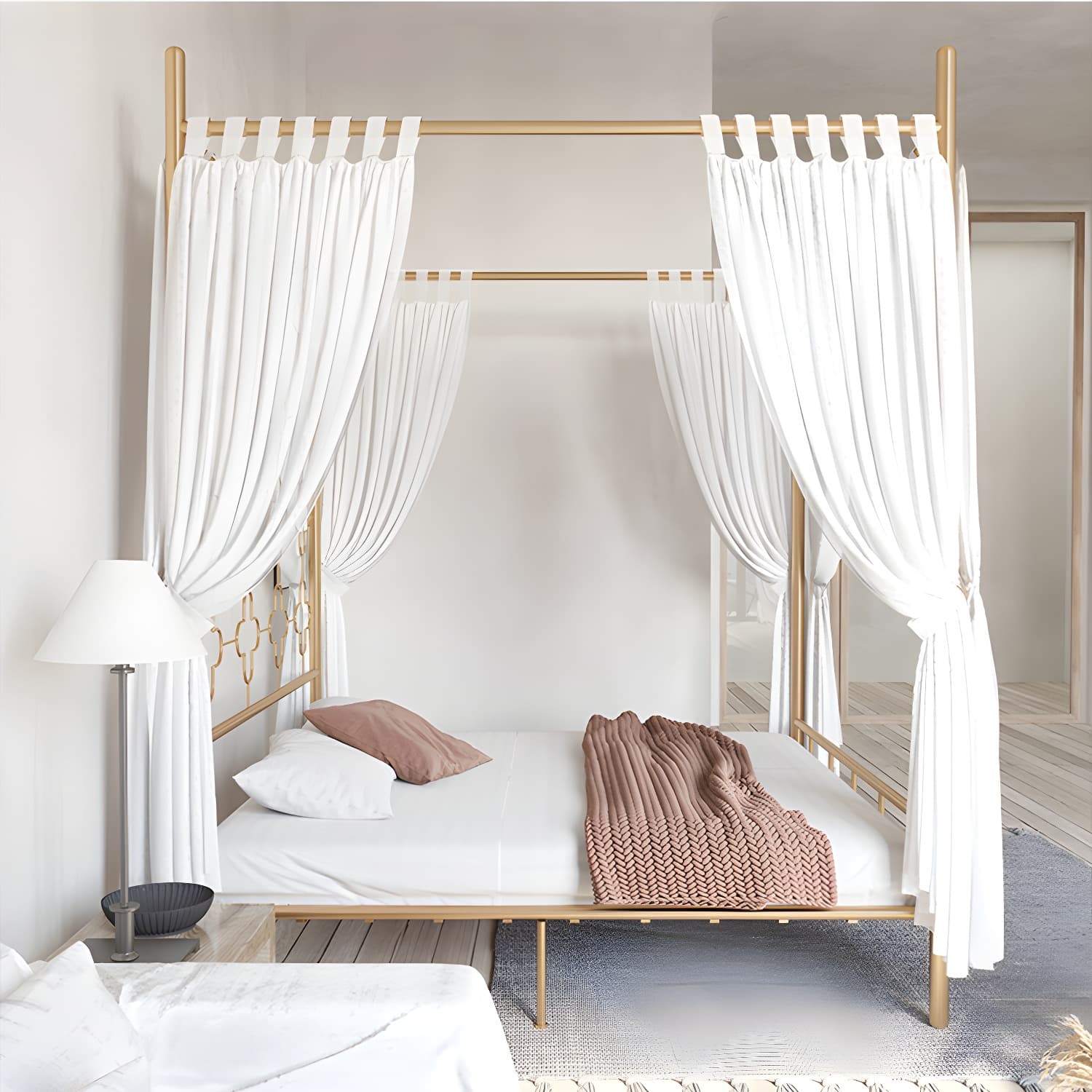 Metal Four Poster Bed with Open-Frame Headboard, Glam Standard Bed - image 5