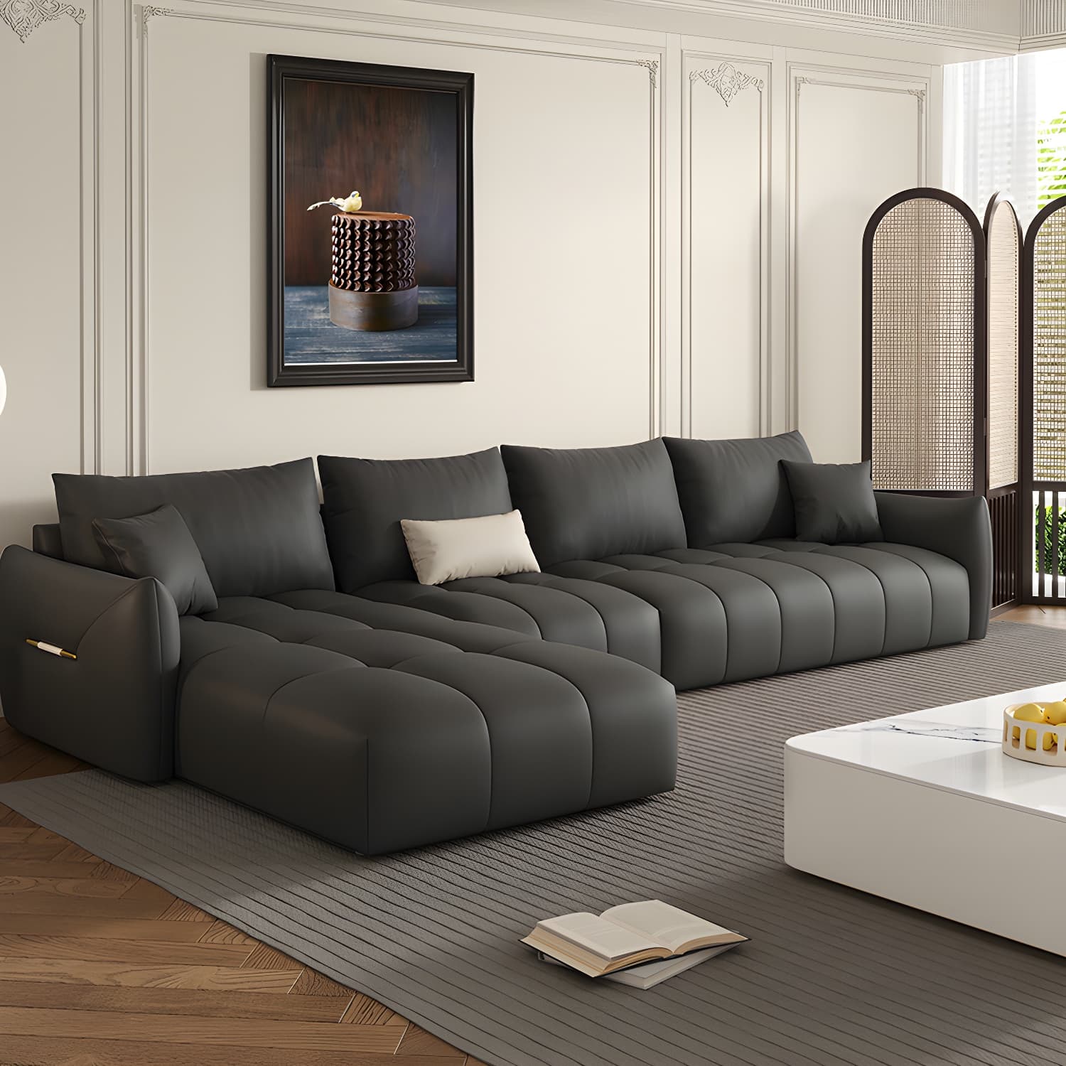 Modern L-Shape Wood Frame Tufted Sectional Sofa Chaise in 3 Piece Set