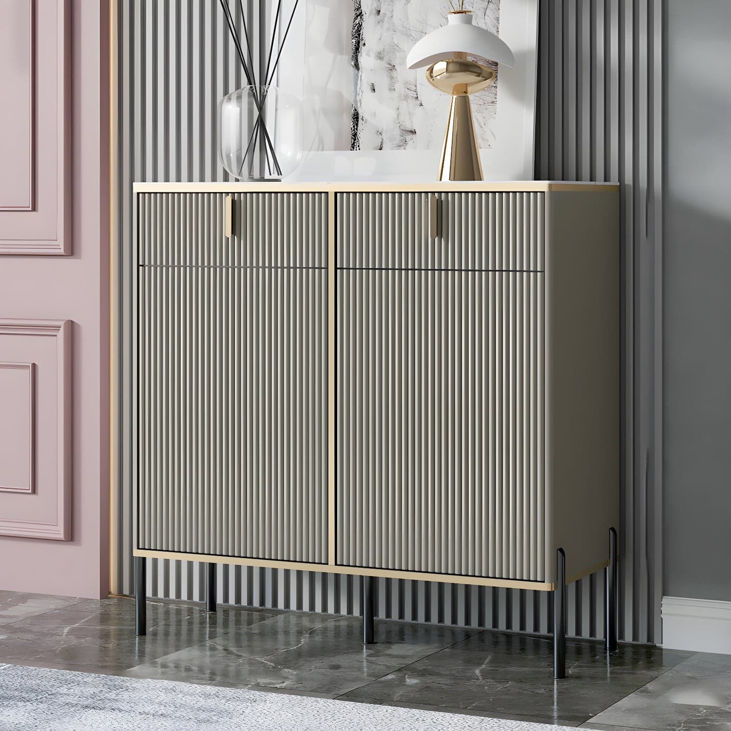 Glam Style Sideboard Stone Side Board with Drawers and Cabinets - image 3