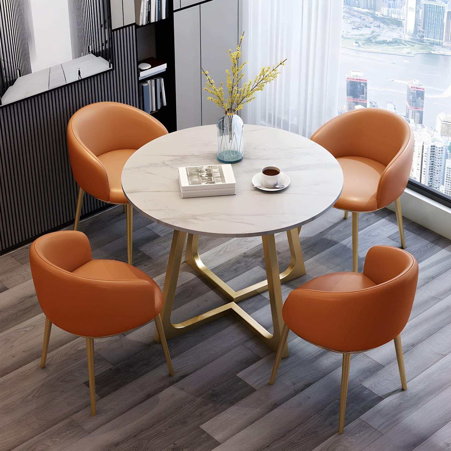 5-Piece Glam Dining Set Round White Table with Gold Metal Base and Upholstered Chairs - image 6