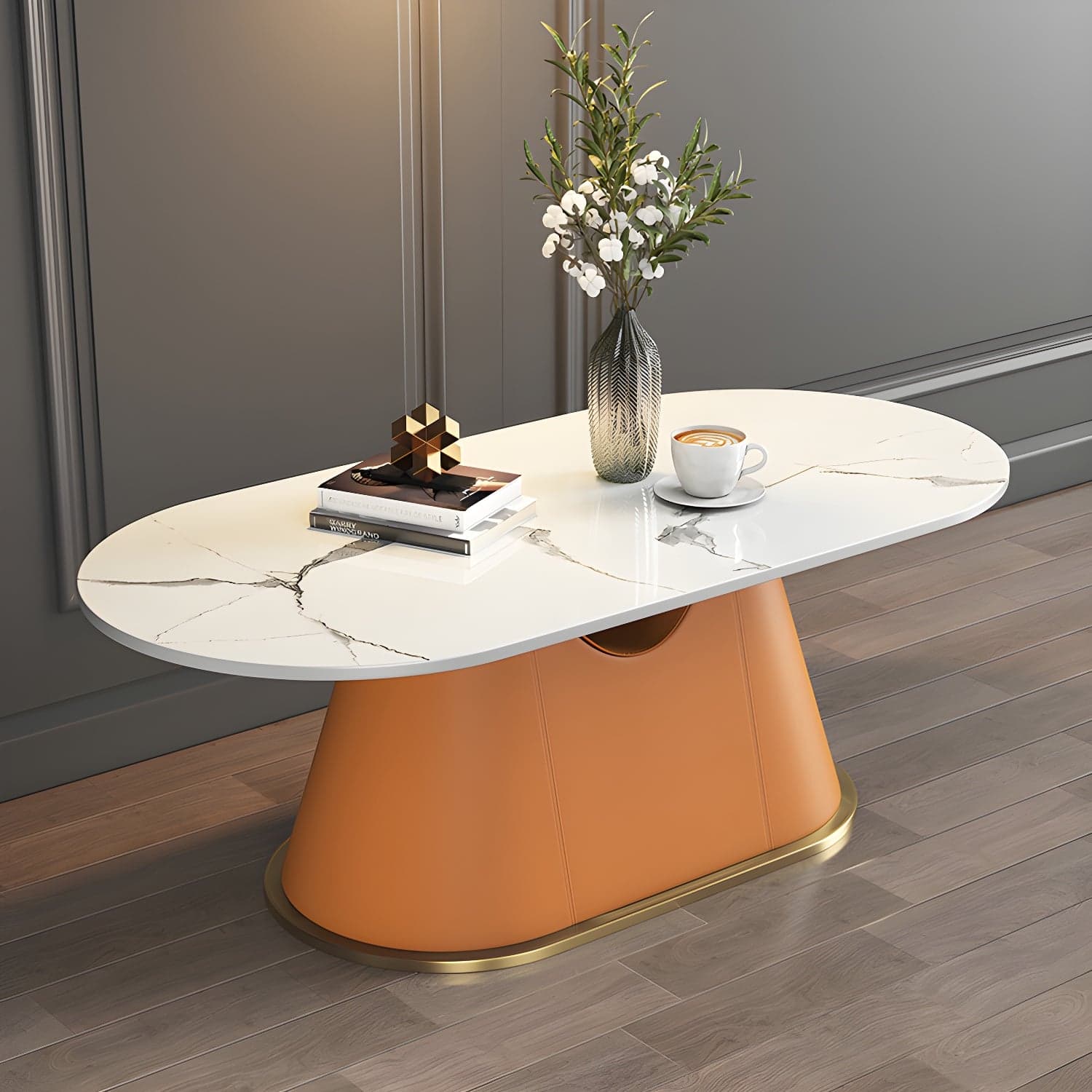 Glam Oval Stone Coffee Table with Pedestal Chrome Base - Scratch Resistant - image 7