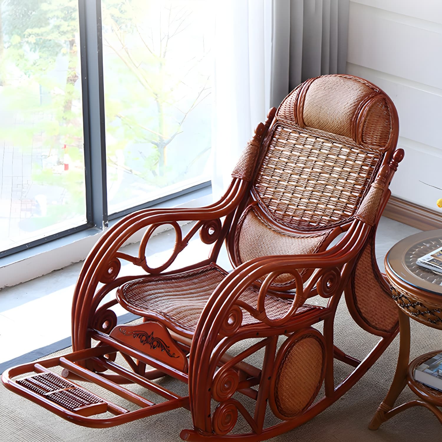 Traditional Spindle Rocking Accent Chair Tobacco Finish Rocker Chair Reclining - image 12