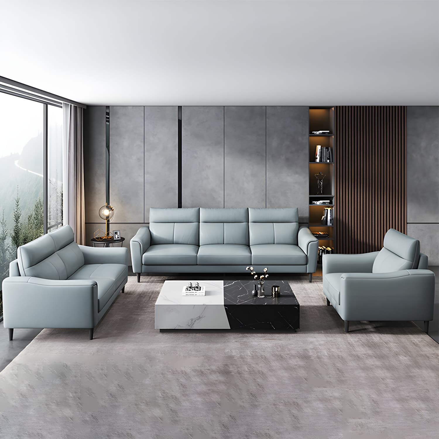 Modern Blue Genuine Leather Sectional Sofa Set with 3 Pieces of Large Size and Pillow Top Arms
