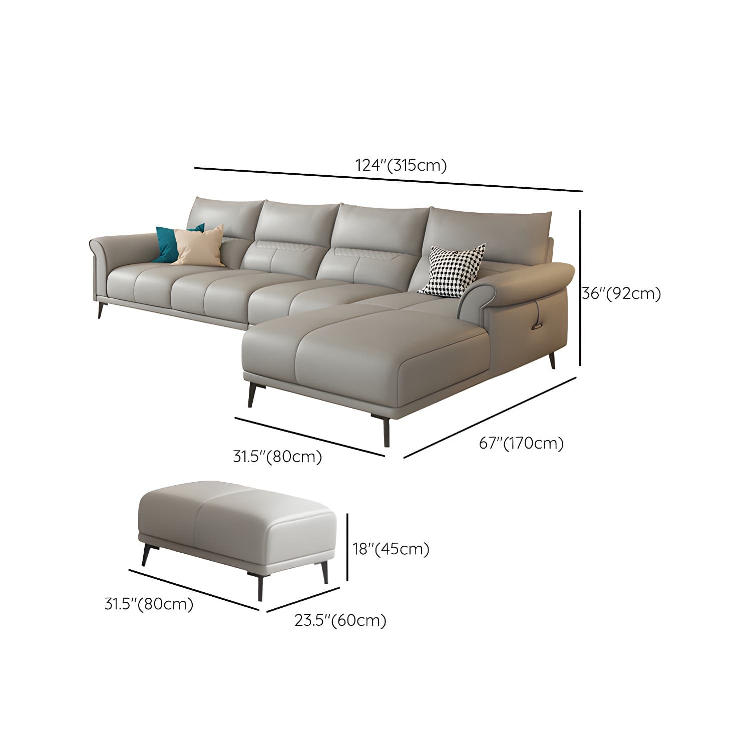 Modern Gray Genuine Leather Stationary Sectional Sofa with Flared Arms - image 22