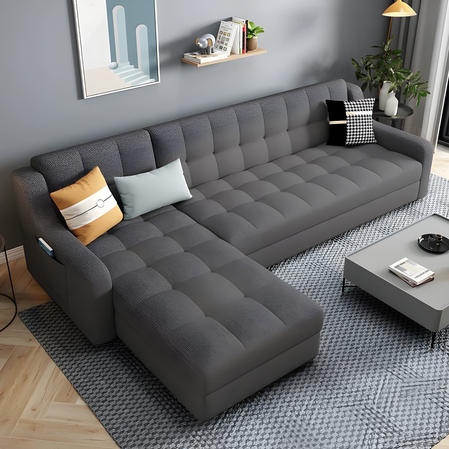 Modern Gray Linen Sleeper Sectional in Wood Frame without Nail Head Trim