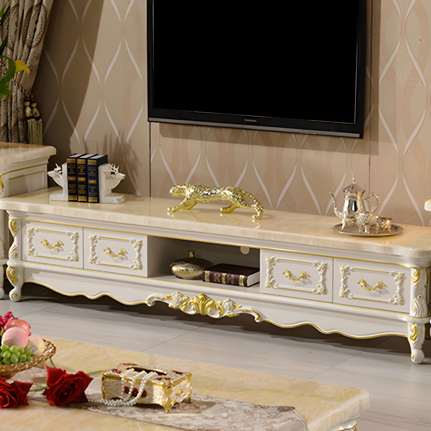 Traditional Marble Top TV Cabinet Solid Wood Crafted TV Stand for Living Room - image 10