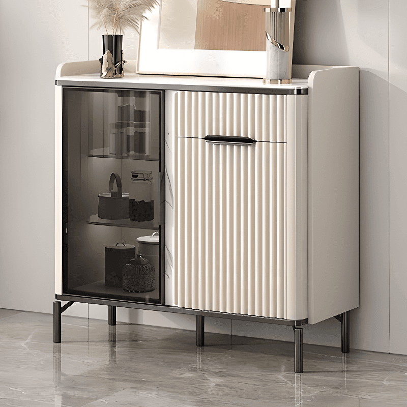 Floor Server/Buffet Table in Slab for Living Room with Glass Doors and Slate Countertop in a Luxurious Style