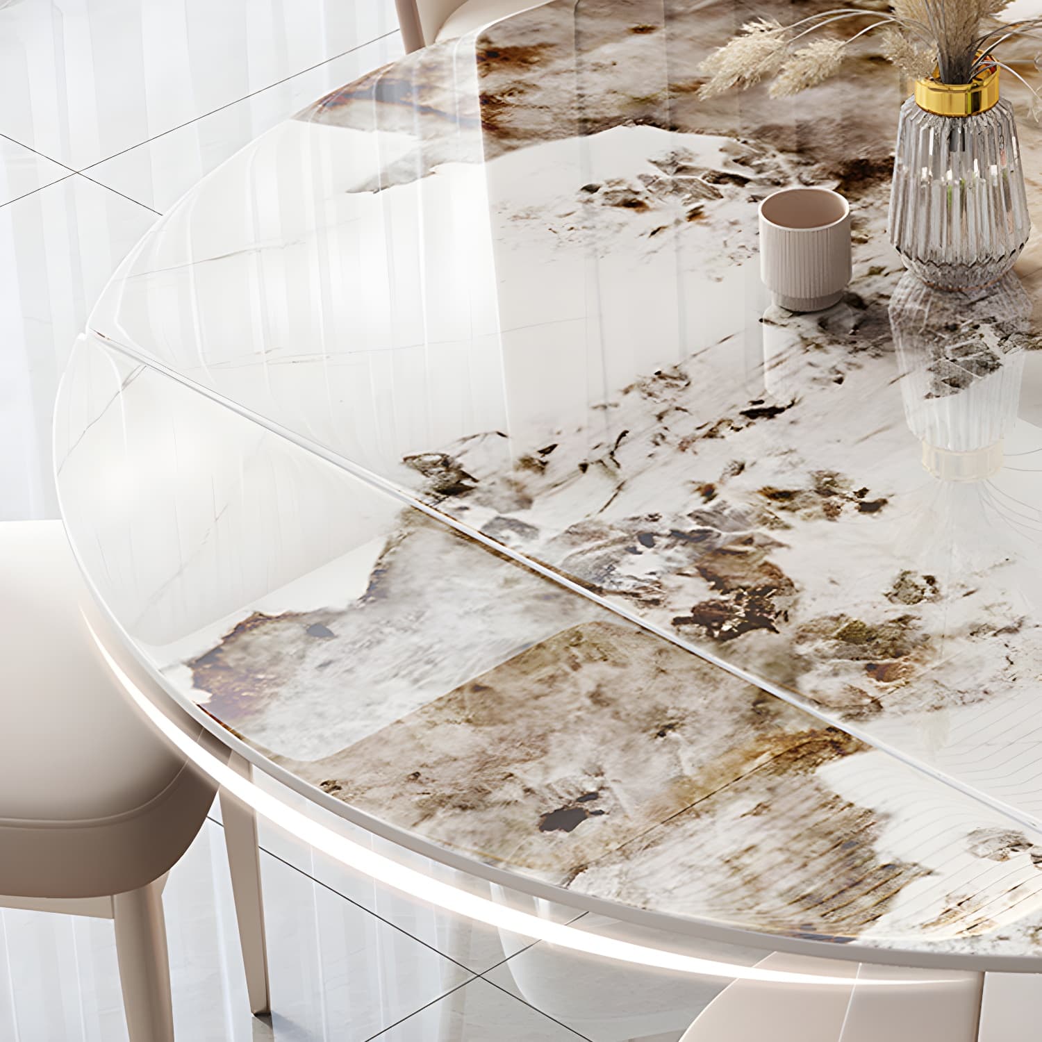 Round Metal Dining Set in White with Gold Pedestal Base and Self-Storing Leaf - 5 Piece Set - image 9