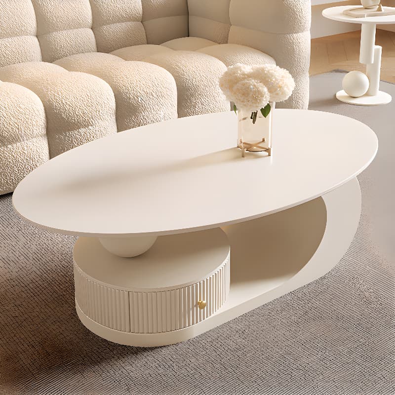 White/Midnight Black Scratch-proofed Oval Sintered Stone Board Game Coffee Table with Abstract Base and 1 Drawer for Living Room