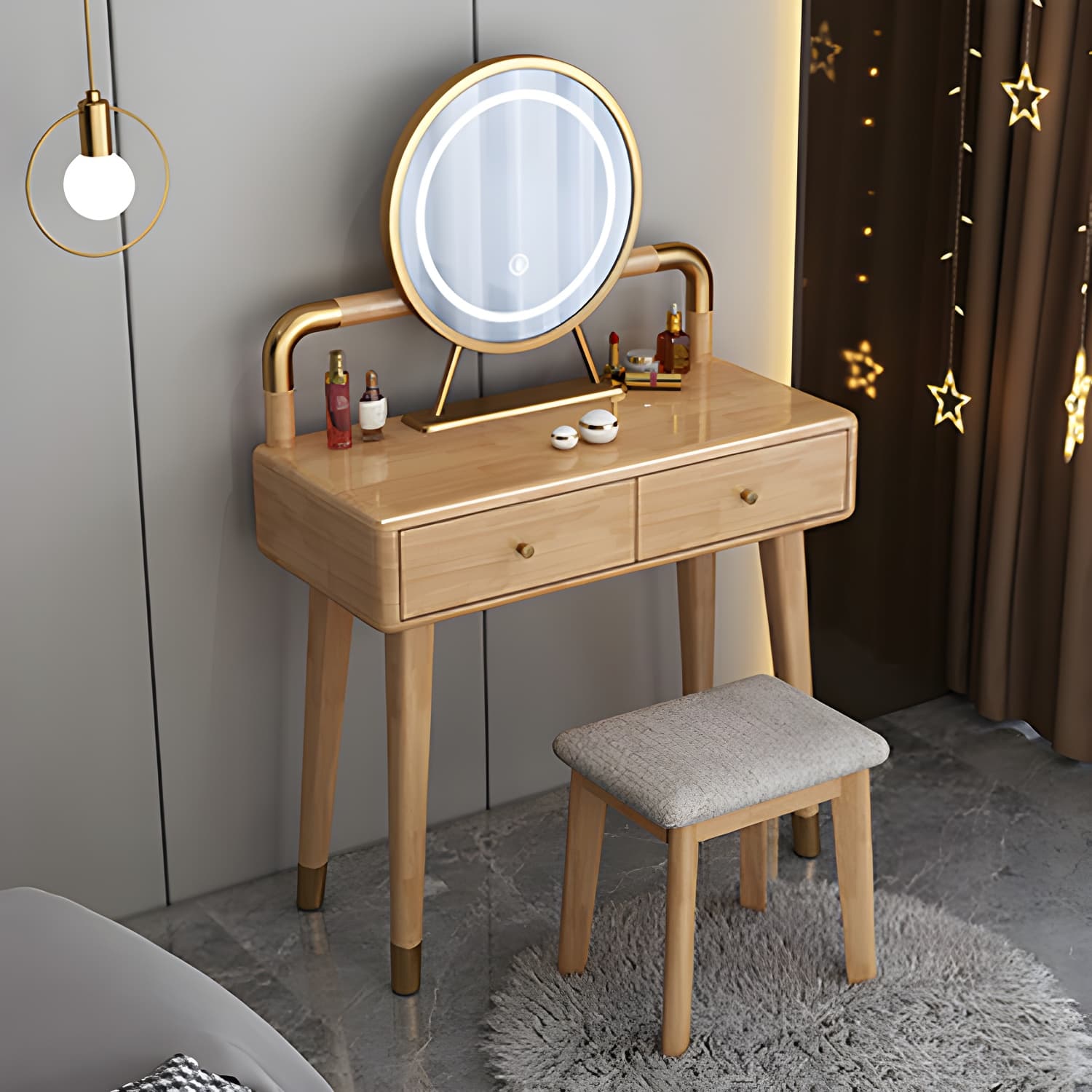 Solid Wood Make-up Vanity With Drawers and Stool for Bedroom