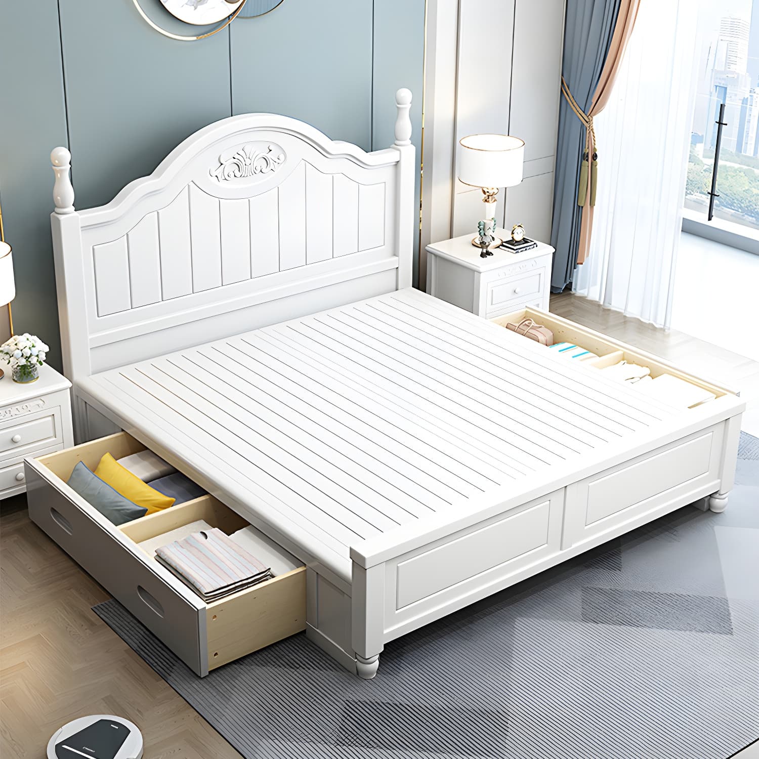 French Country Bed 83.46" Long Bed with Arched Headboard in White - image 11