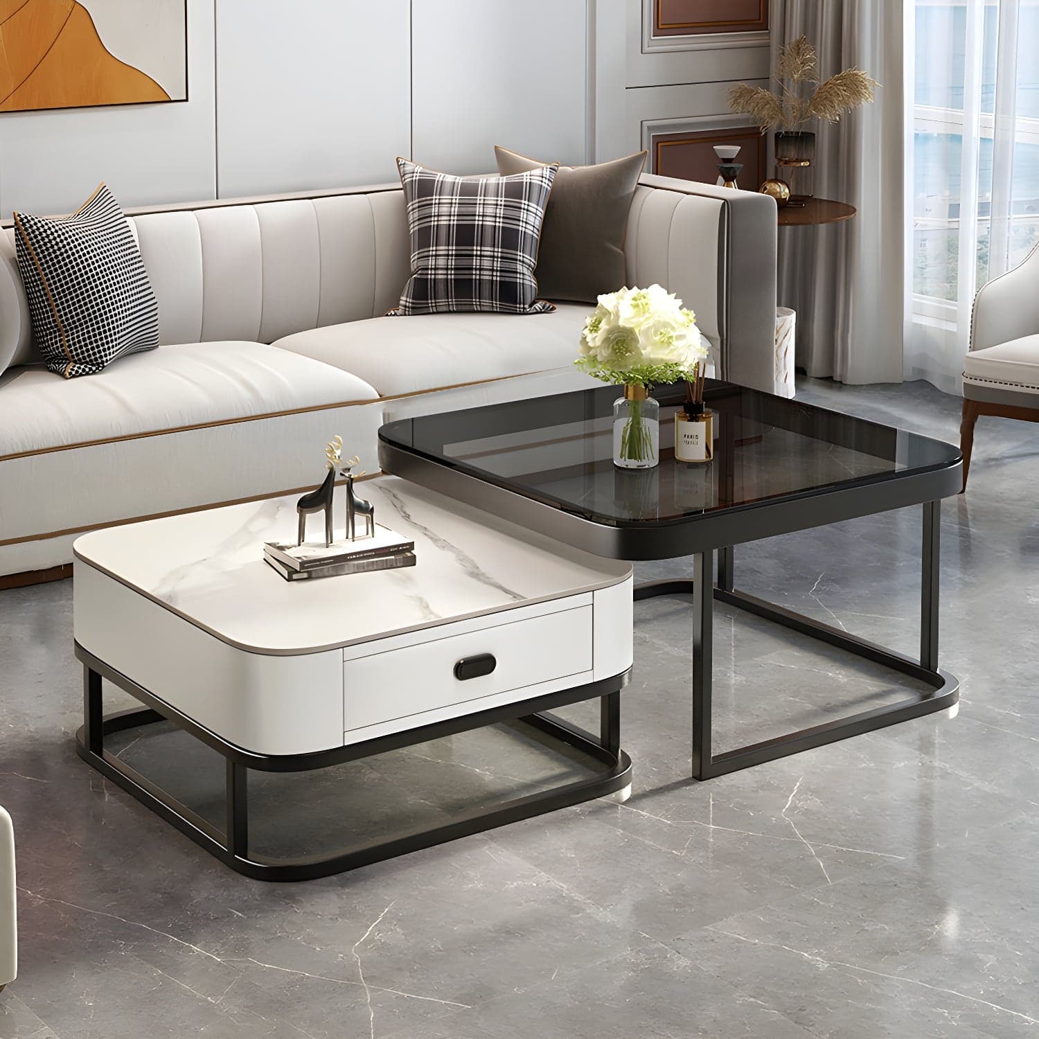 Modern Coffee Table Glass Top Square Nesting Coffee Table Set - image 3