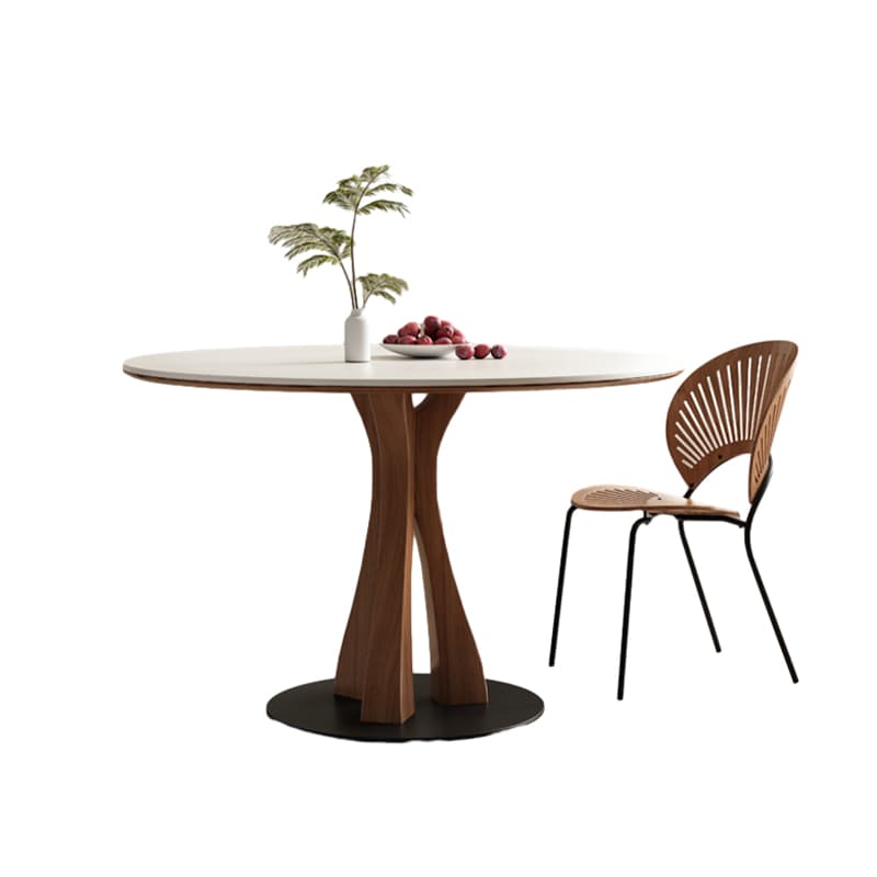 White Stone Round Modern Dining Table with Ash Wood Pedestal Base - image 5