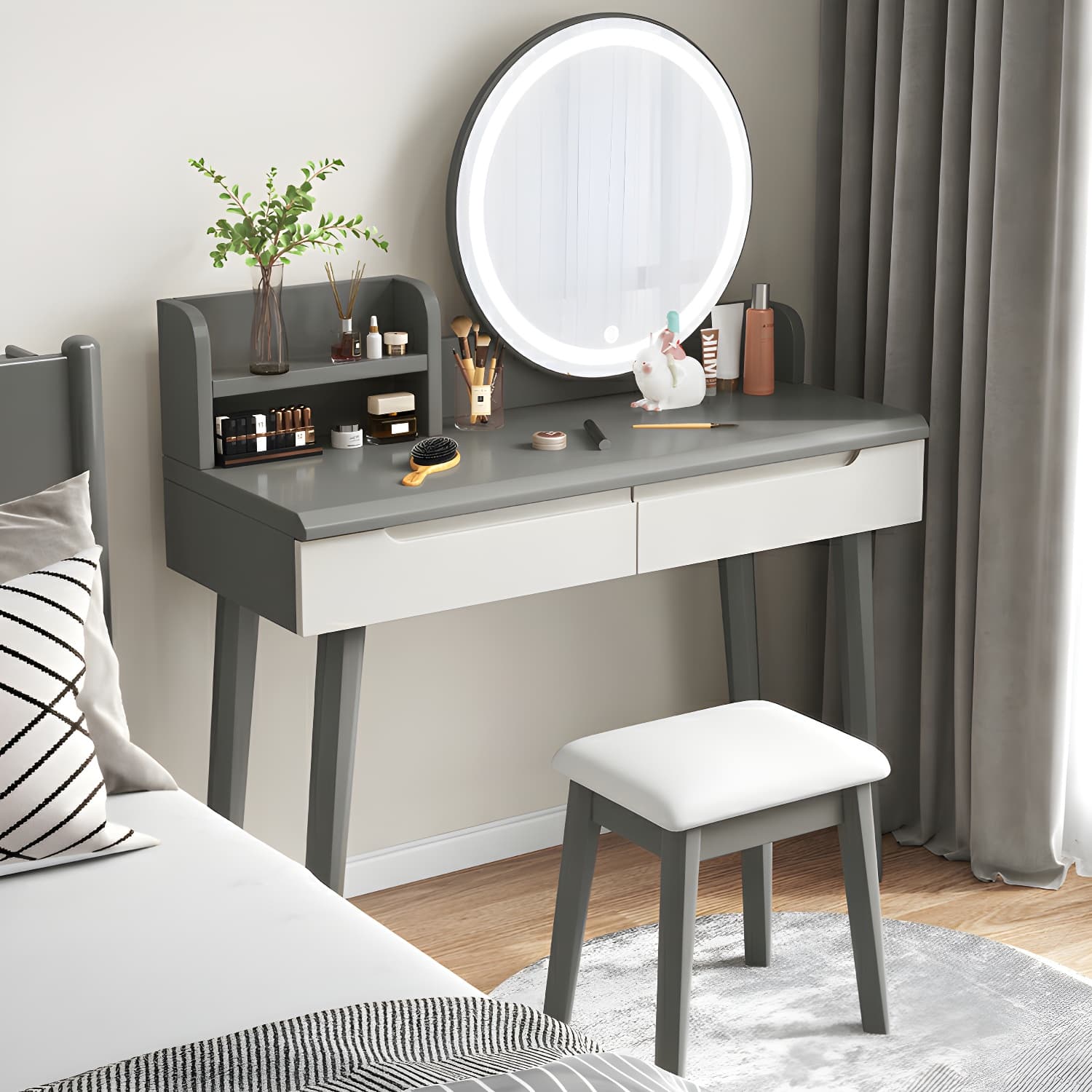 Light Wood/Bleached Wood/Gray Wood Sleeping Room 2 Drawers Lighting System with Tabletop Storage