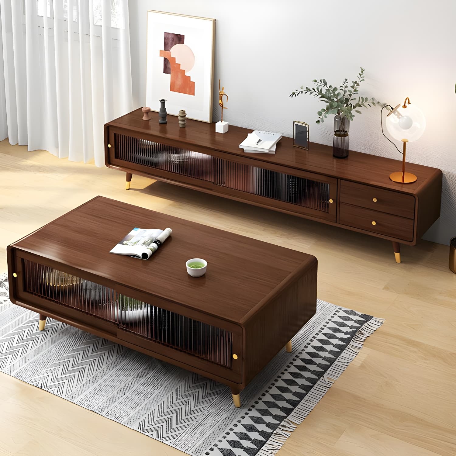 Scandinavian Style Low Height Wood TV Stand With 2 Drawers and Cabinet, Size 15.7'' x 17.7'' - image 6