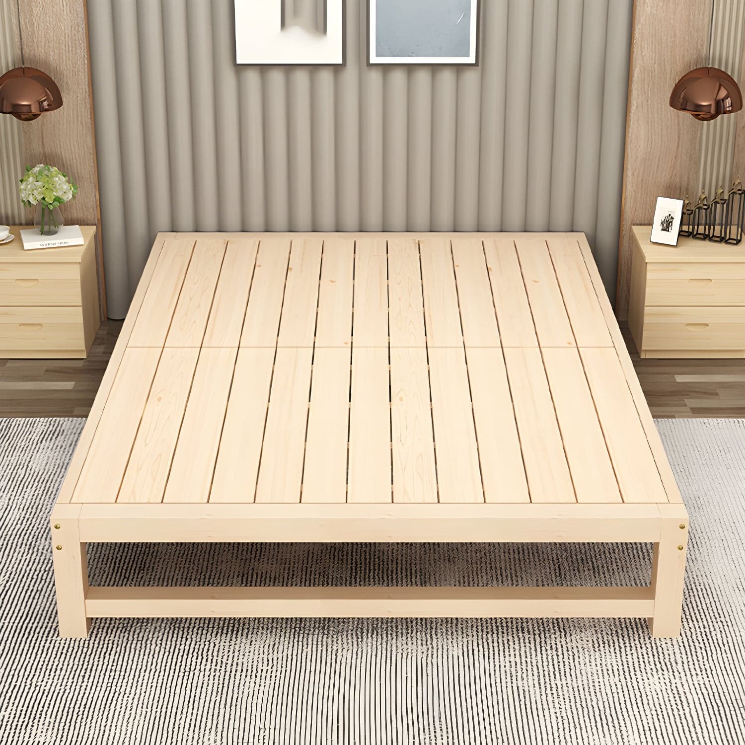 Solid Wood Modern Platform Bed Natural without Headboard and Storage Space