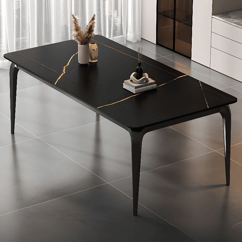 Minimalist Rectangular Dining Table with Slate Stone Top, Fixed Table, Storm Gray/White/Brown Colors