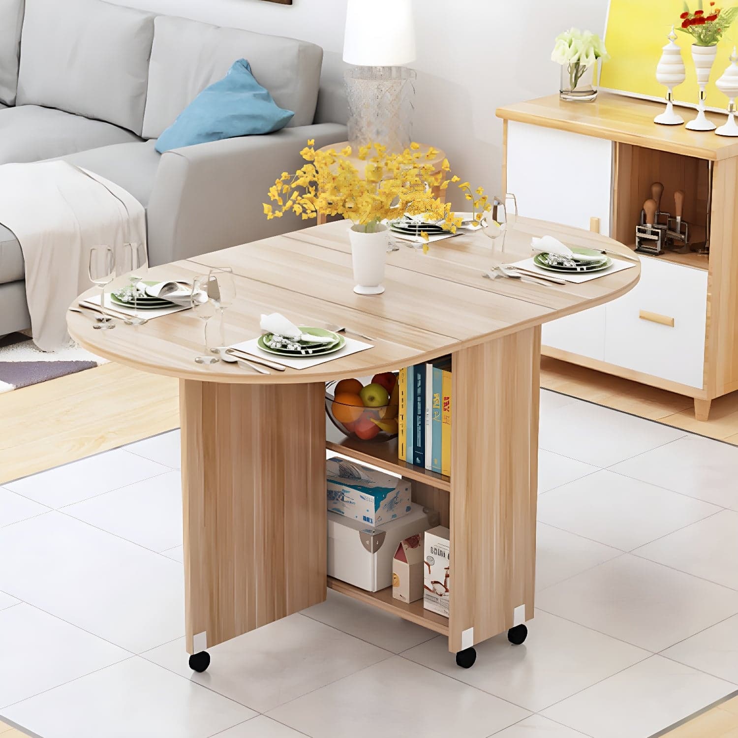 Solid Wood Mid-Century Modern Table Oval Solid Wood Top Table with Drop Leaf - image 3