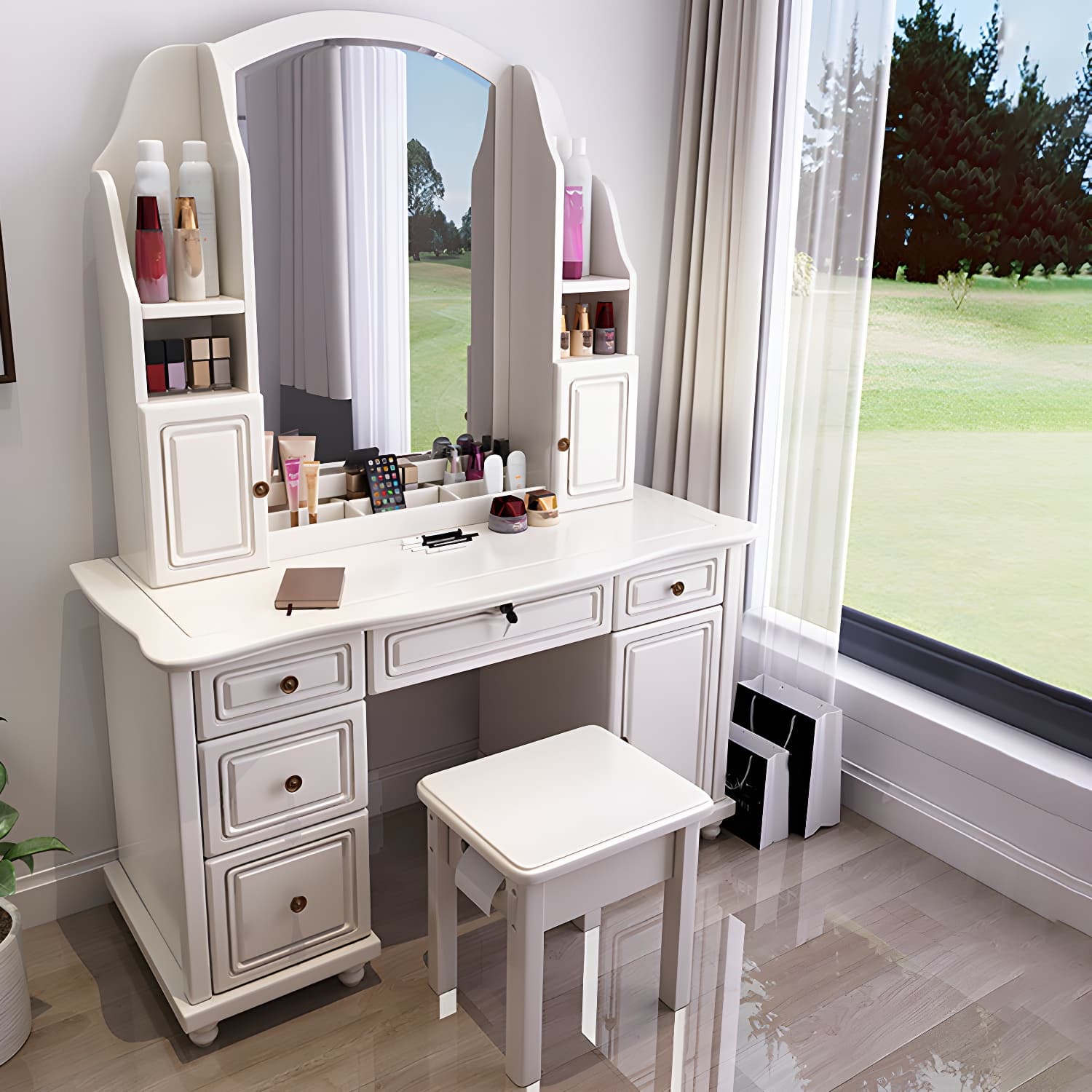 Traditional Solid Wood Makeup Dressing Table 60.23" H Vanity Set with Stool and Mirror - image 17